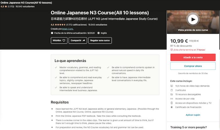Curso Udemy japonés Jlpt Noken 3 Online